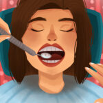 Cartoon image of brunette woman getting a dental exam at her family dentist in Shoreline, WA