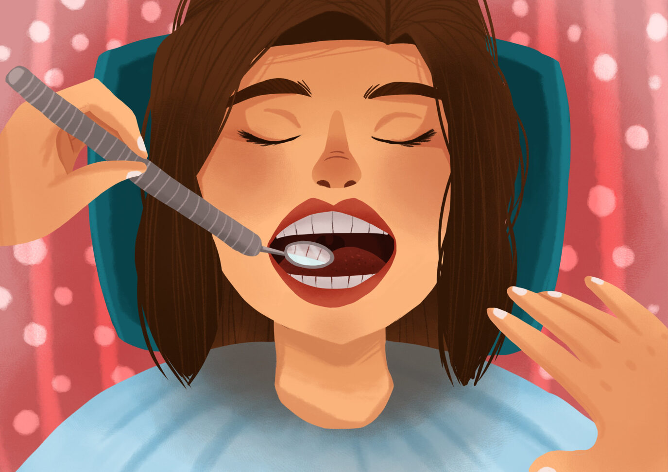 Cartoon image of brunette woman getting a dental exam at her family dentist in Shoreline, WA