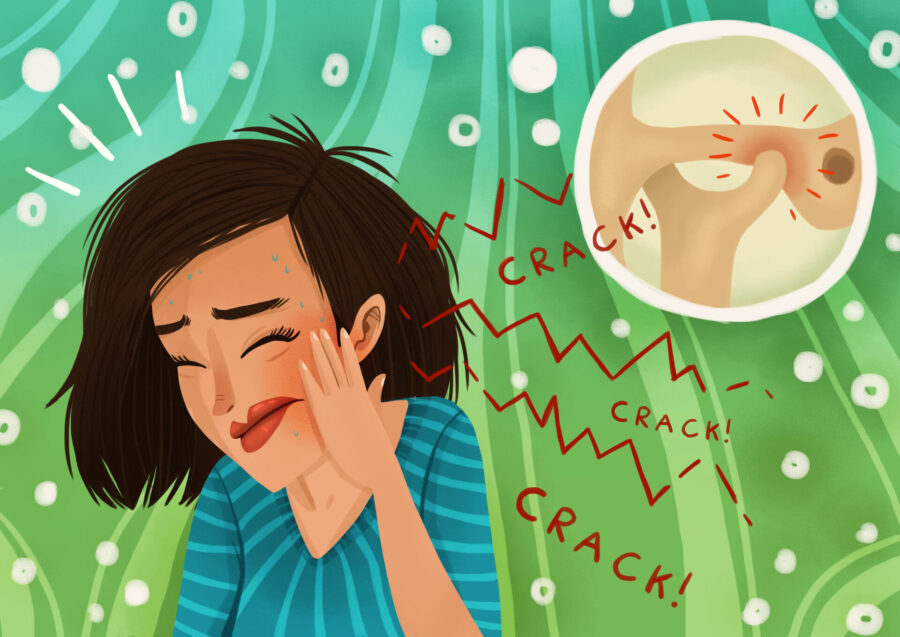 Illustration of a woman experiencing pain because of temporomandibular joint dysfunction