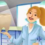 Graphic illustration of blonde, female dentist holding a tooth.