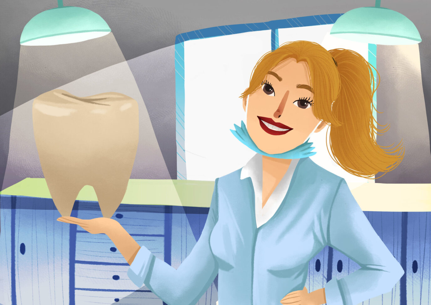 Graphic illustration of blonde, female dentist holding a tooth.